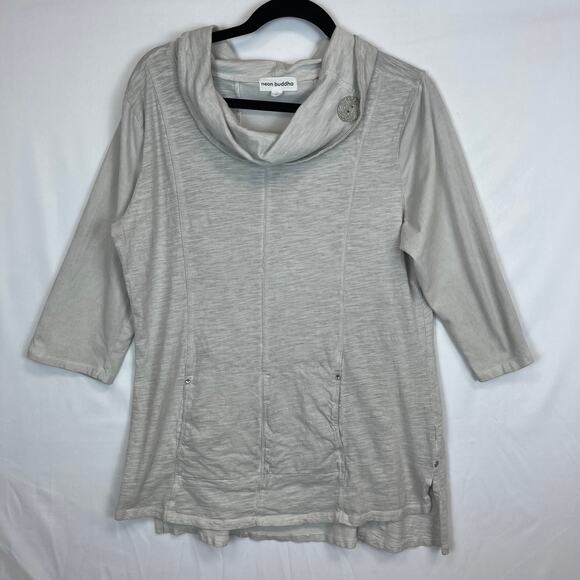 Neon Buddah Tunic Women's Large Cowl Neck Metal Button Kangaroo Pocket Grey - Picture 7 of 7